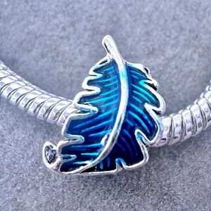 Blue Enamel Curved Leaf Silver‎ Charm fits PANDORA